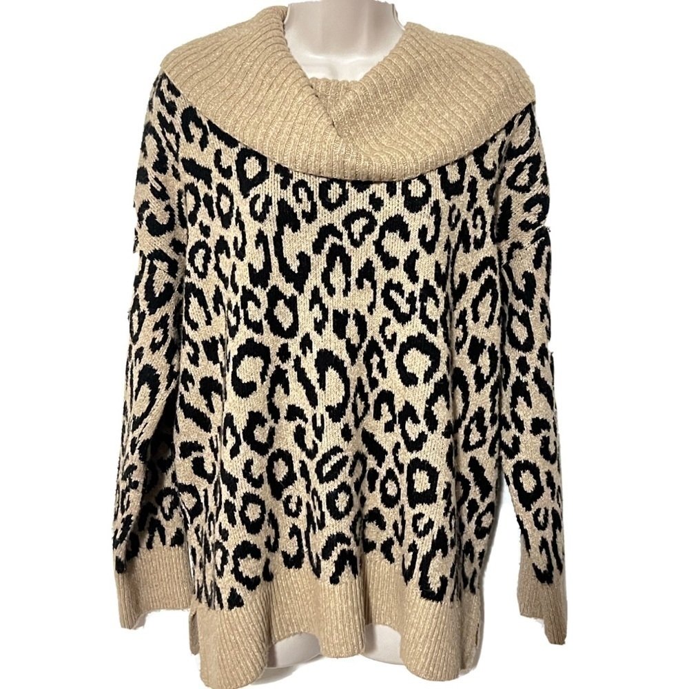 🆕 Rachel Zoe leopard cowl neck long sleeve pullover soft sweater black t…